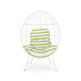 Gianni Outdoor Wicker Teardrop Chair with Cushion, White and Green Noble House