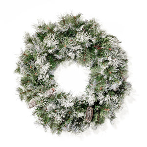 24" Cashmere Pine and Mixed Needles Warm White LED Artificial Christmas Wreath with Flocked Snow, Glitter Branches, and Pinecones