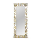 Emerton Traditional Standing Mirror with Floral Carved Frame, Distressed White and Gold