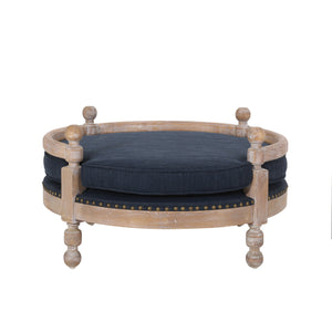 Rines Contemporary Upholstered Medium Pet Bed with Wood Frame, Navy Blue and Antique Natural  Noble House