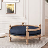Rines Contemporary Upholstered Medium Pet Bed with Wood Frame, Navy Blue and Antique Natural  Noble House