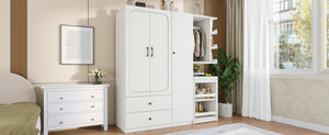 English Elm Multifunctional Wardrobe Cabinet with Fold Out Desk Hanging Rod and Storage Drawers Light White W1580S00475