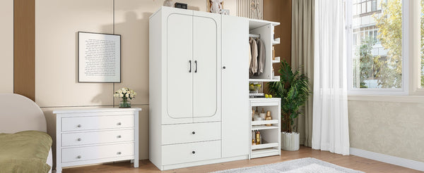 English Elm Multifunctional Wardrobe Cabinet with Fold Out Desk Hanging Rod and Storage Drawers Light White W1580S00475