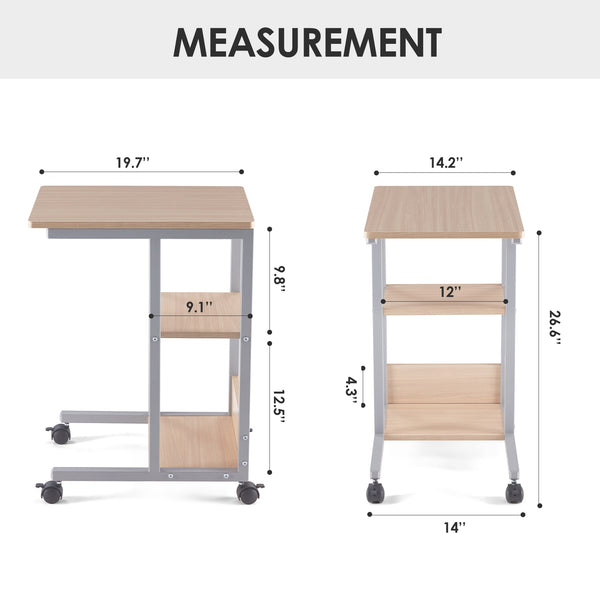 English Elm Shaped End Table with Lockable Wheels and Two-Tier Storage — C-Shape Rolling Side Table for Sofa Natural T3623P409439