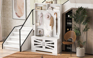 English Elm U-Can Entryway Bench with Coat Rack and Shoe Cabinet, 7 Hooks, Adjustable Shelves, Sturdy MDF White N724P264668K