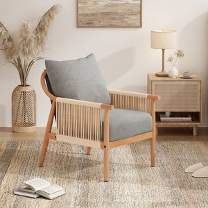 English Elm Braid Armchair Mid Century Modern Linen Wood Accent Chair with Ergonomic Support and Plush Cushioning Grey T3623P409105