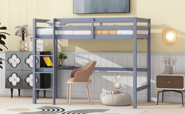 English Elm Twin High Loft Bed with Built-In Desk and Ladder — Space-Saving Rubberwood Study & Sleep Solution Grey W504P206978