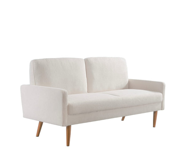 English Elm Velvet Upholstered Three Seat Sofa with Tapered Rubberwood Legs Mid Century European Style Ivory B2735P291969