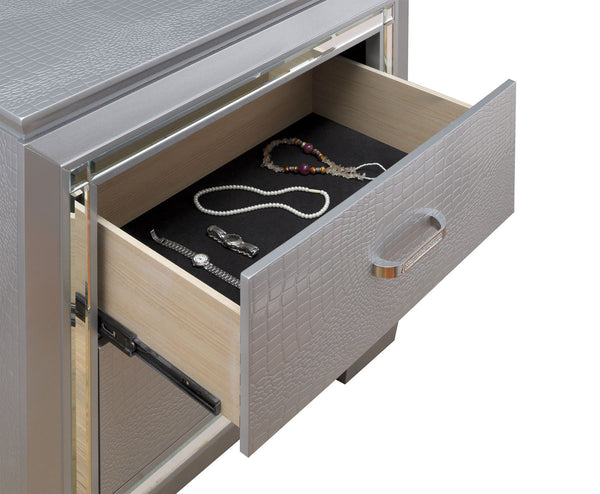 English Elm Contemporary Crocodile-Textured Nightstand with LED Mood Lighting, Dovetail Drawer & Mirror Accents Silver 34 L x 21 W x 35 H B011P232477