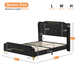 English Elm Christopher Knight Home® - Queen PU Leather Bed with Wingback Headboard & Footboard, Gold Accent Platform, 12 Slats, Sturdy Support Black 64 L x 21 W x 9.25 H N761P205938B