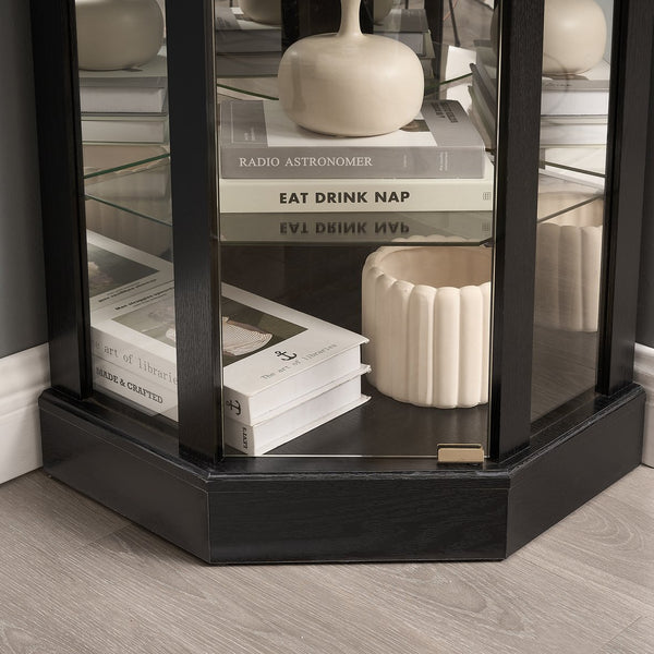 English Elm Lighted Corner Curio Cabinet With Adjustable Shelves, Elegant Black Design, Perfect For Home Display W1758P300126