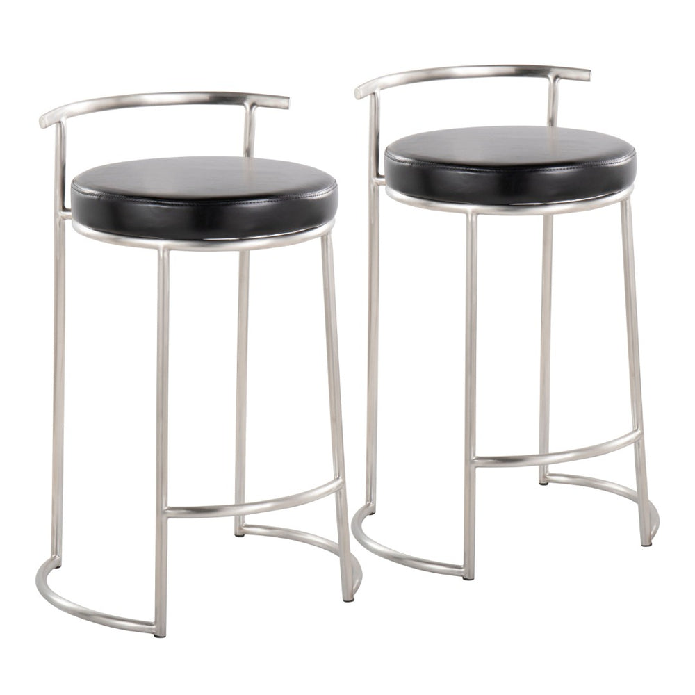 English Elm Round Fuji 26" Counter Stool Set Of 2 - Modern Stainless Steel Frame With Black Faux Leather Comfort B202P222107-GIGA