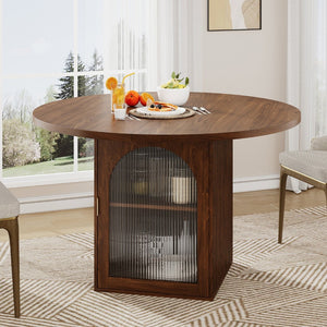 English Elm 47 Inch Round Walnut Dining Table with Ribbed Glass Storage Pedestal Seats Six T5618P448234