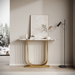English Elm Accent Console Table Sculptural Black Gold Metal Legs Slim Entryway Hallway Decor W2263P395487