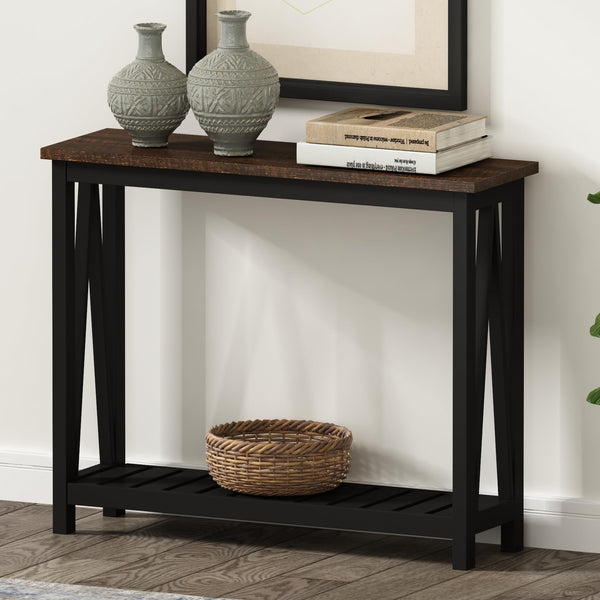 English Elm 40" Farmhouse Console Table - Rustic Black Narrow Sofa Table For Entryway, Living Room, Hallway Charm T3771P356088