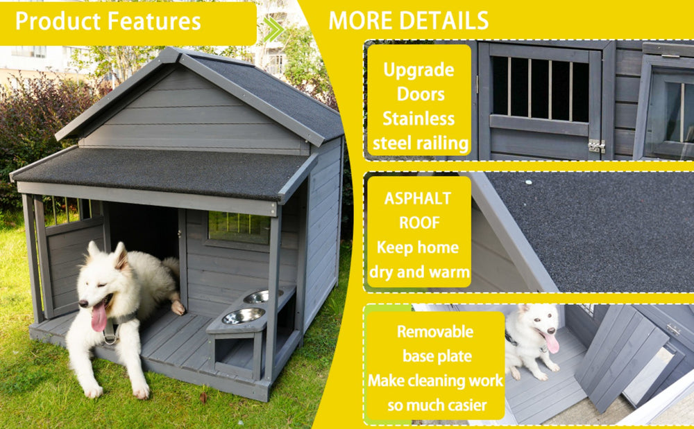 English Elm Large Breed Outdoor Doghouse Solid Fir Wood Covered Porch Weatherproof Asphalt Roof W1431S00004