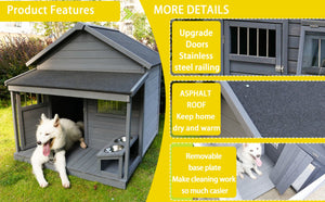 English Elm Large Breed Outdoor Doghouse Solid Fir Wood Covered Porch Weatherproof Asphalt Roof W1431S00004