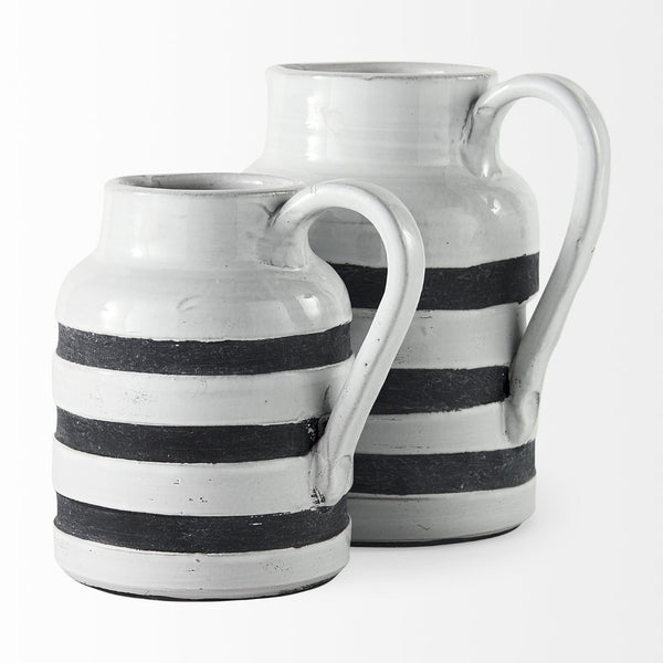 Mercana Harmon Rustic-Modern Ceramic Jug with Charcoal Stripes - Ideal Home Accent for Stylish Decor White/Blue Ceramic | 7H 31066