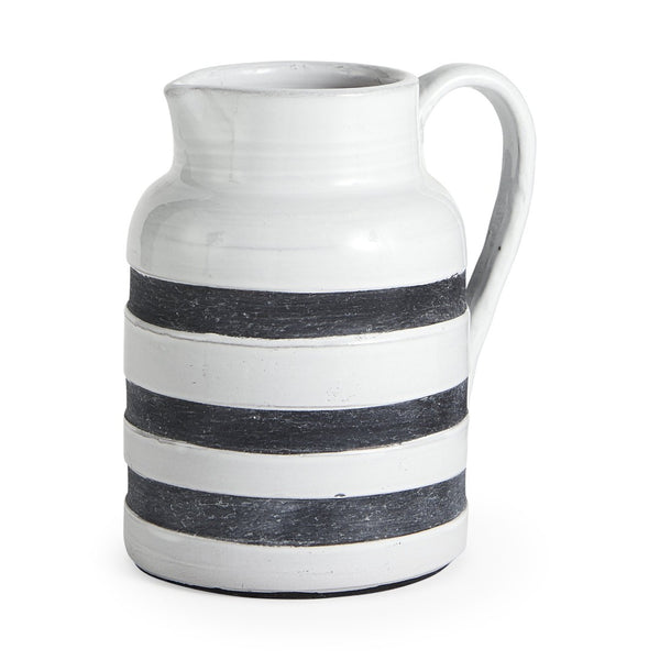 Mercana Harmon Rustic-Modern Ceramic Jug with Charcoal Stripes - Ideal Home Accent for Stylish Decor White/Blue Ceramic | 9H 31067