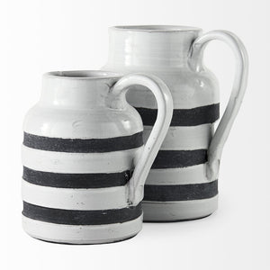 Mercana Harmon Rustic-Modern Ceramic Jug with Charcoal Stripes - Ideal Home Accent for Stylish Decor White/Blue Ceramic | 9H 31067