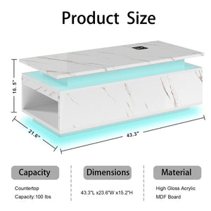 English Elm Coffee Table with Led Lighting Bluetooth Speaker Wireless Charging and Faux Marble Top White T3773P415726