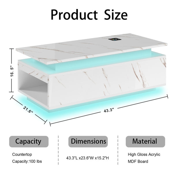 English Elm Coffee Table with Led Lighting Bluetooth Speaker Wireless Charging and Faux Marble Top White T3773P415726