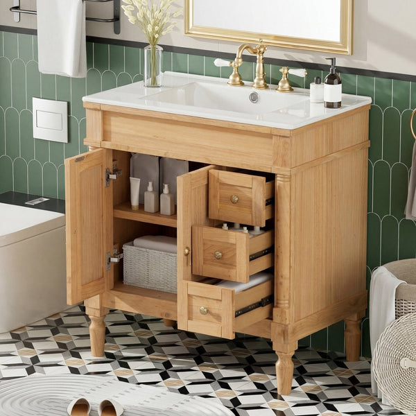 English Elm 30-inch Freestanding Bathroom Vanity Solid Wood Base Ceramic Sink Gold Hardware N729P299368N