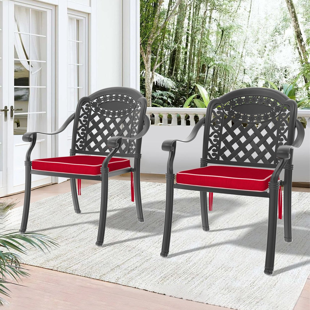 English Elm Cast Aluminum Patio Dining Chairs Set Of 2 With Stylish Black Frame & Comfortable Red Cushions W1710P166003