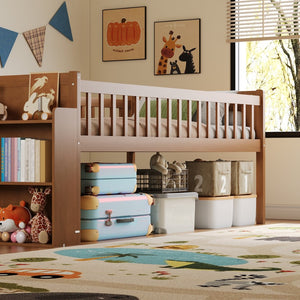 English Elm Twin Platform Kids Bed with Slide Ladder Guardrails Storage Shelf Wood Frame Walnut N733S415411M
