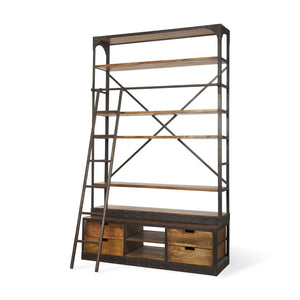 Mercana Brodie II Industrial Four-Shelf Shelving Unit with Sliding Ladder for Stylish Home Storage Solutions Medium Brown Wood | Black Metal | 57L 50031-AB