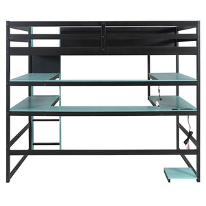 English Elm Full Size Gaming Loft Bed with Rgb Lights Wraparound Shelves and Built-in Usb Ports Blue LT000299AAC