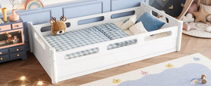 English Elm Twin Low Profile Floor Bed with Guardrails Pine Wood Frame Minimalist Bedroom White W1580P438763