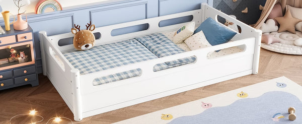 English Elm Twin Low Profile Floor Bed with Guardrails Pine Wood Frame Minimalist Bedroom White W1580P438763