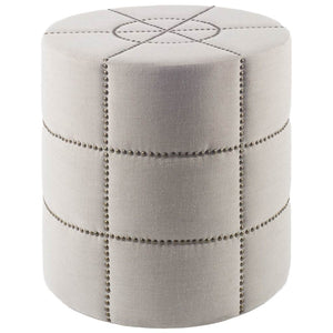 Mercana Beacon Round Ottoman: Plush Chic Seating with Glam Metal Accents for Modern Living Spaces Cream Fabric 50271