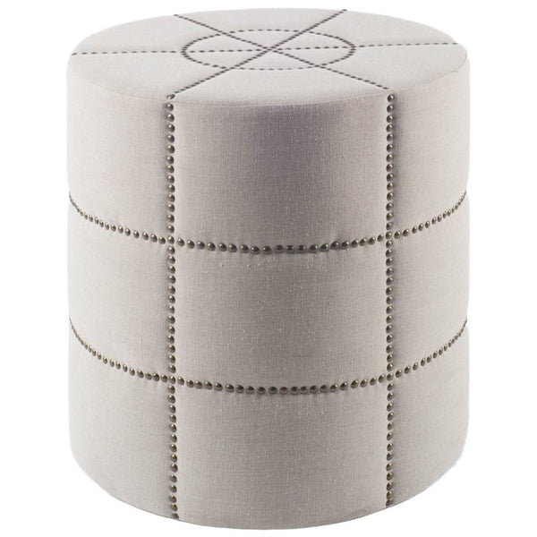 Mercana Beacon Round Ottoman: Plush Chic Seating with Glam Metal Accents for Modern Living Spaces Cream Fabric 50271