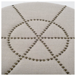 Mercana Beacon Round Ottoman: Plush Chic Seating with Glam Metal Accents for Modern Living Spaces Cream Fabric 50271