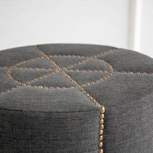 Mercana Beacon Round Ottoman: Plush Chic Seating with Glam Metal Accents for Modern Living Spaces Gray Fabric 50272