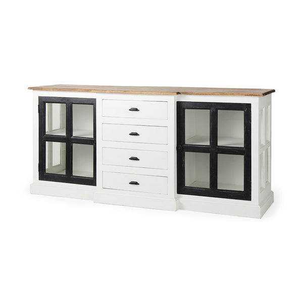 Mercana Bourchier 75-Inch Solid Mango Wood Buffet with Glass Cabinets & Drawers for Stylish Storage Solutions 50282