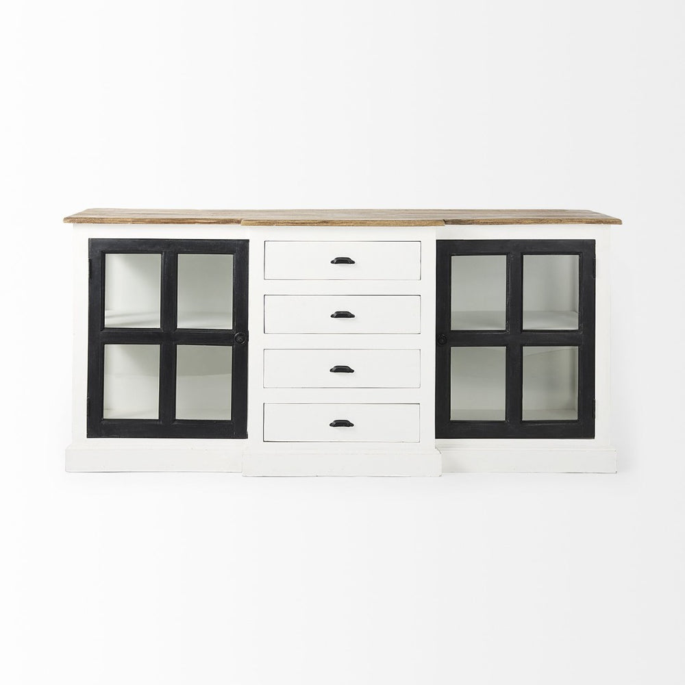 Mercana Bourchier 75-Inch Solid Mango Wood Buffet with Glass Cabinets & Drawers for Stylish Storage Solutions 50282