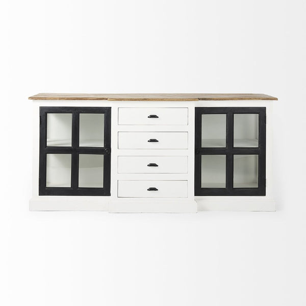 Mercana Bourchier 75-Inch Solid Mango Wood Buffet with Glass Cabinets & Drawers for Stylish Storage Solutions 50282