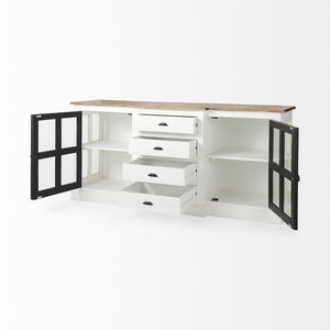 Mercana Bourchier 75-Inch Solid Mango Wood Buffet with Glass Cabinets & Drawers for Stylish Storage Solutions 50282