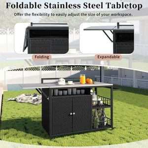English Elm 63.5" Outdoor Kitchen Island with Foldable Stainless Steel Top, Lockable Wheels, Rattan Storage, Bottle Opener N719P243726D