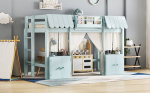 English Elm Twin Loft Bed Cottage-Style Playhouse with Built-In Bookshelf, Curtain & Storage, Safe Guardrails Light Blue W1580S00357