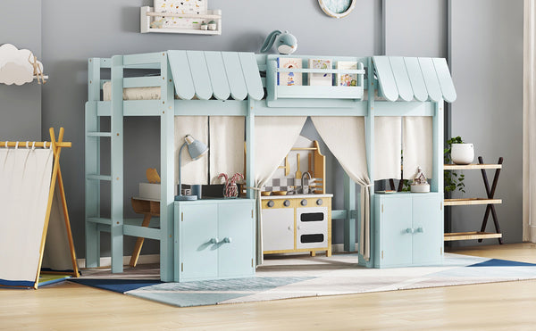 English Elm Twin Loft Bed Cottage-Style Playhouse with Built-In Bookshelf, Curtain & Storage, Safe Guardrails Light Blue W1580S00357