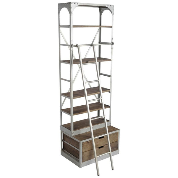 Mercana Brodie II Industrial Four-Shelf Shelving Unit with Sliding Ladder for Stylish Home Storage Solutions Medium Brown Wood | Silver Metal | 32L 50324-AB