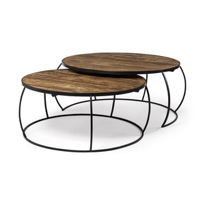 Mercana Clapp Round Nesting Coffee Tables with Solid Mango Wood Tops & Black Iron Base for Modern Spaces Brown Wood | X Pattern 50350