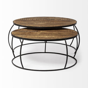 Mercana Clapp Round Nesting Coffee Tables with Solid Mango Wood Tops & Black Iron Base for Modern Spaces Brown Wood | X Pattern 50350