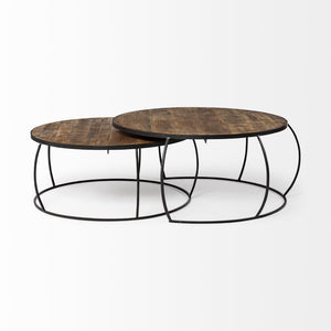 Mercana Clapp Round Nesting Coffee Tables with Solid Mango Wood Tops & Black Iron Base for Modern Spaces Brown Wood | X Pattern 50350