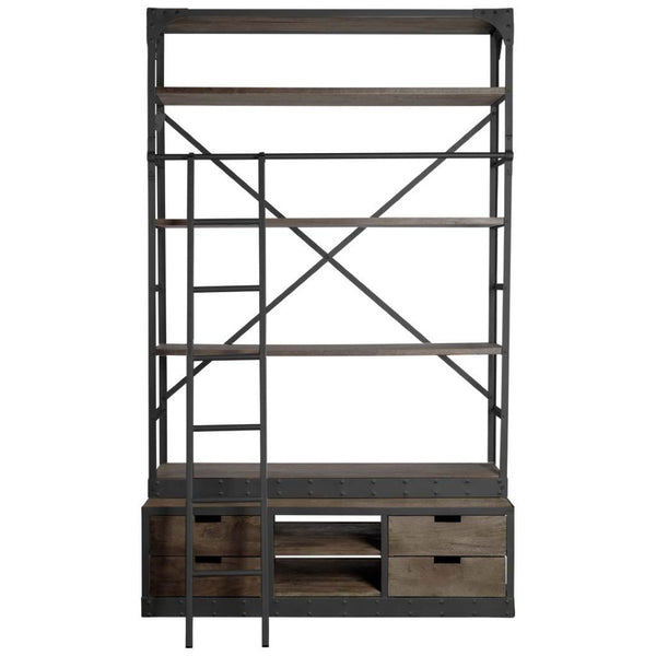 Mercana Brodie II Industrial Four-Shelf Shelving Unit with Sliding Ladder for Stylish Home Storage Solutions Brown Wood | Gun Metal | 57L 50373-AB