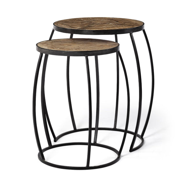 Mercana Clapp Nesting Accent Tables Set of 2 - Modern Round Design with Mango Wood Top and Metal Frame Brown Wood | Black Metal | X Pattern 50472